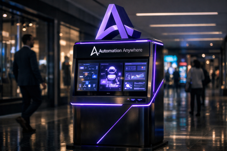 A photorealistic medium-wide cinematic shot, camera positioned approximately 1–2 meters from the subject, capturing a sleek freestanding interactive control panel kiosk in a shopping mall corridor as the hero object, featuring the official Automation Anywhere logo clearly visible on the kiosk frame and a solid 3D isometric sculpture of the logo integrated into its upper structure, all clearly readable within a realistic environment. The object integrates subtle electric-purple #7B63FF light lines, glow accents and UI highlights suggesting intelligent automation, customer journeys, ROI dashboards and GenAI-driven bots at work on multiple screens, with interface details abstract and non-legible to maintain realism. Set in an upscale Tech-Noir shopping mall corridor with glossy porcelain tile flooring, soft reflections, glass storefronts and distant, slightly blurred digital signage, evoking a nighttime, data-driven retail environment, with a few diverse professionals in smart-casual attire walking past or pausing in the mid- and background, softly out of focus and clearly secondary to the kiosk. Lighting is low-key and practical, coming from overhead architectural strips, subtle ambient light from storefronts and the kiosk screens, complemented by a soft integrated white spotlight from the side that gently reveals the form, materials and edges of the 3D logo and kiosk body, enhancing depth and texture without harsh contrast. Cinematic realism, natural depth of field, premium materials, ultra-detailed, 8K, no captions, no text overlays, no watermarks.