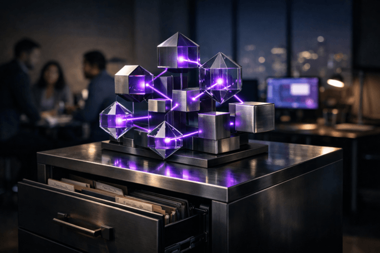 A photorealistic medium-wide cinematic shot, camera positioned approximately 1–2 meters from the subject, capturing a refined real-world hero object: a sleek physical desktop sculpture representing autonomous agents, composed of interlocking isometric glass and brushed-metal modules arranged in a network-like cluster, with subtle electric-purple (#7B63FF) light pulsing inside the nodes and along thin connecting lines, clearly readable and sharply in focus within a realistic environment. The object sits solidly on top of a tall steel filing cabinet, its metal surface reflecting the purple accents; several cabinet drawers are slightly open, revealing neatly organized folders with softly blurred, unreadable labels, suggesting structured data and workflows. Set in a dimly lit, modern marketing and CRM operations office at night with a subtle Tech-Noir mood: cool neutral walls, a large window hinting at a softly glowing city skyline, and out-of-focus computer monitors casting blue and purple light in the background. Natural human presence appears in the periphery: a small, diverse group of professionals in business-casual attire collaborating around a glass desk, partially visible and gently blurred to keep the sculpture as the main focus. Lighting is low-key and practical, coming from desk lamps, monitor glow, and a soft integrated white spotlight from the upper side that grazes the sculpture and filing cabinet, revealing form, texture, and depth while preserving moody contrast. Cinematic realism, natural shallow-to-medium depth of field, premium materials, ultra-detailed, 8K, no captions, no on-screen UI, no text overlays, no watermarks.