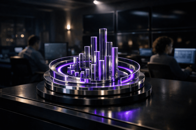 A photorealistic medium-wide cinematic shot, camera positioned approximately 1–2 meters from the subject, capturing a premium tabletop “Brand Awareness” data sculpture as the hero object: a polished glass and brushed-metal piece made of stacked translucent acrylic rings and vertical bar-chart pillars arranged in a circular radar-like form, inspired by colorful 3D isometric dashboards yet rendered as a real physical object, resting on a sleek dark control console, clearly readable within a realistic environment. The object integrates subtle electric-purple (#7B63FF) accents glowing gently along its inner edges and bars, indicating intelligence or activity without overpowering realism. Set in a sophisticated Tech-Noir marketing command center control room at night, with rows of large wall-mounted monitors turned off in the background showing only dark glossy reflections, dim ambient light, and faint city glow, while a few diverse marketing professionals in smart-casual attire work at softly lit computer stations in the periphery, slightly out of focus. Lighting is low-key and practical, coming from desk screens, small LED strips, and distant wall sconces, complemented by a soft integrated white spotlight from above and slightly to the side that gently reveals the sculpture’s form, texture, and depth, catching subtle reflections on glass and metal. Cinematic realism, natural shallow-to-medium depth of field, neutral corporate tones with restrained electric-purple and cool blue accents, premium materials, ultra-detailed, 8K, no text, no interface overlays, no floating graphics, no watermarks.