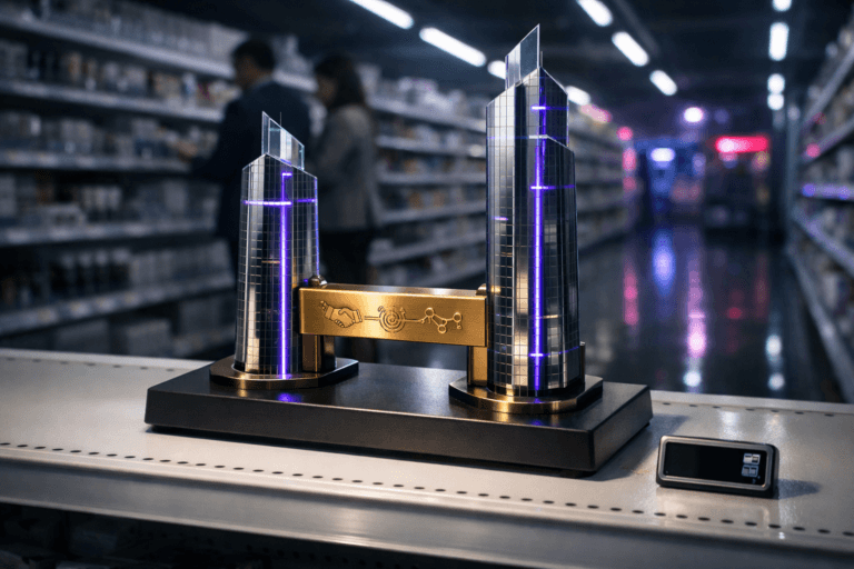 A photorealistic medium-wide cinematic shot, camera positioned approximately 1–2 meters from the subject, capturing a premium desktop sculpture as the hero object: two sleek glass-and-metal corporate tower miniatures mounted on a single dark matte base, firmly connected by a solid brushed-gold bridge subtly engraved with abstract partnership icons, displayed neatly on a pristine white supermarket gondola shelf with a small digital price tag beside it, all details crisp and clearly readable within a realistic environment. The object integrates subtle electric-purple (#7B63FF) accents as soft internal glows along the edges of the towers and gentle reflections on the gold bridge, suggesting data and intelligence without overpowering realism. Set in a late-night minimalist supermarket aisle turned Tech-Noir scene, with long rows of white shelves, cool ambient overhead strip lights, faint purple and cyan neon reflections on glossy floor tiles, and a diverse pair of shoppers in business-casual outfits browsing products softly out of focus in the background. Lighting is low-key and practical from the aisle fixtures, complemented by a soft integrated white spotlight from above and slightly to the side of the sculpture, gently revealing form, texture, and depth in the towers, bridge, and shelf surfaces. Cinematic realism, 35mm lens look, natural shallow-to-medium depth of field, premium materials, ultra-detailed, 8K, no captions, no text overlays, no watermarks.