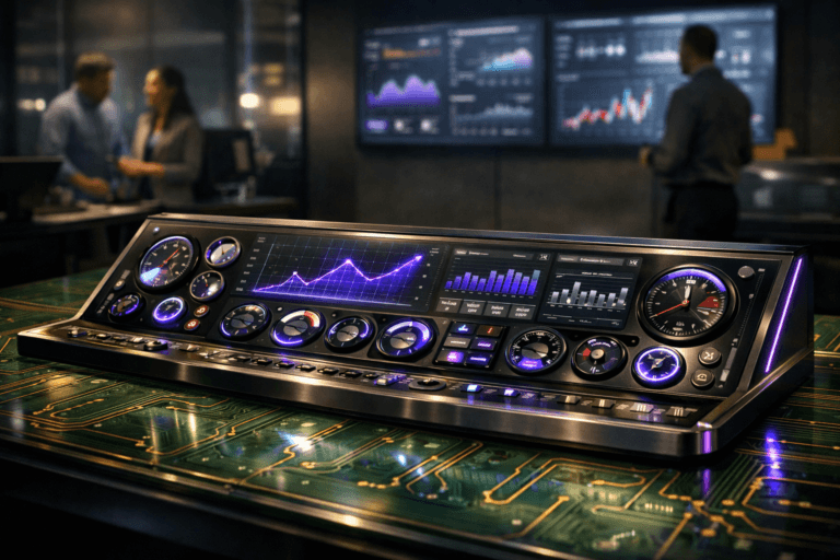 A photorealistic medium-wide cinematic shot, camera positioned approximately 1–2 meters from the subject, capturing a sleek glass-and-metal B2B SaaS growth analytics control console as the hero object, its surface filled with harmoniously organized illuminated dials, KPI gauges, and live charts, embedded into a large desk whose top is designed like a green printed circuit board with copper-colored traces, clearly readable within a realistic environment. The object integrates subtle electric-purple #7B63FF accents in the glow of select indicators, graph lines, and edge lighting, suggesting intelligence and real-time optimization without overpowering realism. Set in a tech-noir corporate “growth war room” at night, with dark neutral walls, a soft greenish glow reflecting from the circuit-board-inspired desk, and a backdrop of large wall-mounted screens showing blurred analytics and dashboards. A small, diverse group of professionals in business-casual attire appears in the background and periphery, slightly out of focus, collaborating around secondary workstations and glass partitions, reinforcing a real B2B SaaS operations setting. Lighting is low-key and practical, coming from the desk’s embedded LEDs, wall screens, and a soft integrated white spotlight from above and the side, gently revealing form, texture, and depth on the console and PCB-patterned surface. Cinematic realism, natural shallow-to-medium depth of field, neutral corporate color palette with restrained neon accents, premium materials, ultra-detailed, 8K, no captions, no text overlays, no watermarks.