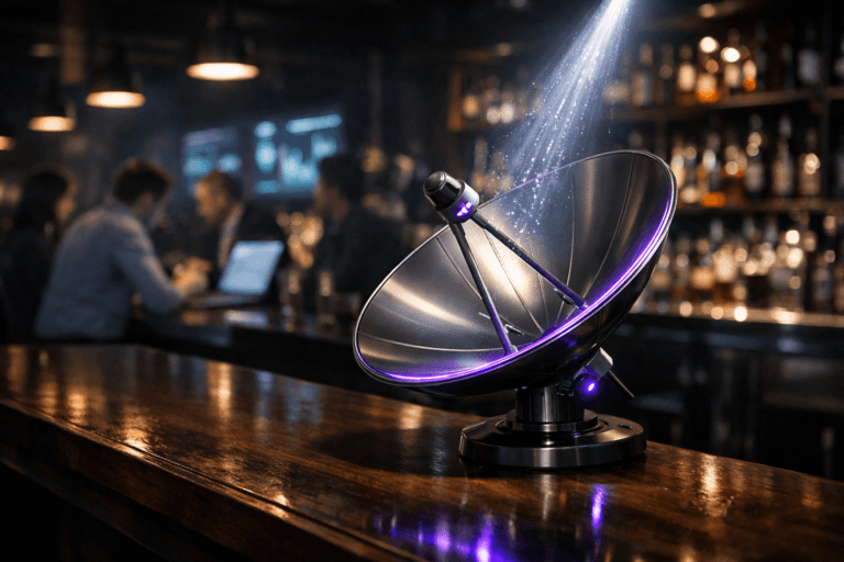 A photorealistic medium-wide cinematic shot, camera positioned approximately 1–2 meters from the subject, capturing a refined, real-world satellite dish antenna placed on a polished dark-wood bar counter, angled up toward the ceiling and receiving a narrow, focused beam of light that evokes incoming real-time marketing data and analytics, its metal surface crisp, clean, and clearly readable within a realistic environment. The object integrates subtle electric-purple (#7B63FF) accents indicating intelligence or activity without overpowering realism, with a faint purple glow along the inner rim of the dish and delicate data-like reflections shimmering in the beam of light. Set in a moody, upscale Tech-Noir bar interior, with the dark-wood bar stretching into the background, blurred liquor bottles, softly glowing screens behind the counter showing out-of-focus dashboards and charts, and a diverse group of professionals in modern business-casual attire seated or standing at the bar, casually collaborating over laptops and tablets, their faces lit by cool screen light, remaining secondary and slightly out of focus in the periphery. Lighting is low-key and practical, coming from bar pendant lamps, backlit shelves, and device screens, complemented by a soft integrated white spotlight from above that gently highlights the satellite dish, the wood grain of the bar, and the incoming light beam, revealing form, texture, and depth while preserving deep shadows and subtle neon reflections. Cinematic realism, natural shallow-to-medium depth of field, 35mm lens aesthetic, neutral corporate tones with restrained electric-purple and cool cyan neon accents, premium materials, ultra-detailed, 8K, no text, no captions, no watermarks.