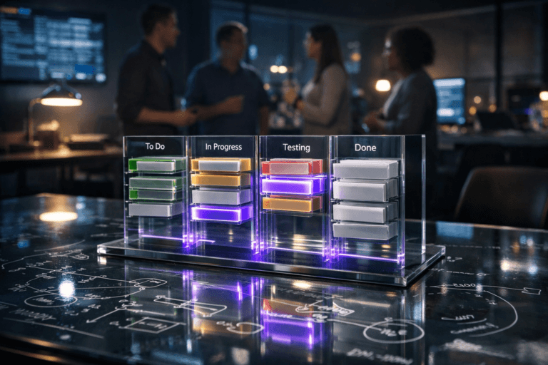 A photorealistic medium-wide cinematic shot, camera positioned approximately 1–2 meters from the subject, capturing a premium sculptural physical representation of a product backlog: a sleek three-dimensional Kanban board made of layered transparent glass and acrylic panels arranged in neat columns on a glass tabletop, each panel like a tangible card with color-coded edges and subtle electric-purple (#7B63FF) light accents indicating active priorities, with faint reflections and fingerprints reinforcing realism. The object rests on a large glass conference table covered with white dry-erase mathematical formulas, flow diagrams and prioritization grids drawn by hand, marker strokes clearly visible on the surface. Set in a dimly lit modern tech office war room at night with a subtle tech-noir atmosphere, cool blue and charcoal tones, city lights and soft neon reflections visible through distant windows, glowing monitors and wall-mounted digital boards casting gentle ambient light. In the background and periphery, slightly out of focus, a diverse group of realistic product professionals stands and gestures around the room in a candid weekly planning discussion, smart-casual clothing, neutral expressions, clearly secondary to the hero object. Lighting is low-key and practical, coming from screens, a nearby desk lamp and a slim overhead fixture, complemented by a soft integrated white spotlight from the side that gently reveals the form, depth and texture of the backlog sculpture and the glass table without harsh glare. Cinematic realism, natural shallow-to-medium depth of field, premium materials, ultra-detailed, 8K, neutral corporate palette with restrained electric-purple accents, no captions, no text overlays, no watermarks.