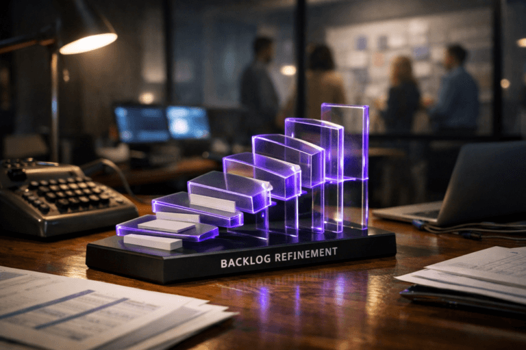 A photorealistic medium-wide cinematic shot, camera positioned approximately 1–2 meters from the subject, capturing a tangible desktop sculpture that physically represents “Backlog Refinement”: a series of semi-transparent acrylic cards and tiles arranged in a clean, ascending flow on a matte black base, each layer slightly rotated to suggest stages of organization and prioritization, with crisp edges and subtle electric-purple (#7B63FF) accent lines running along the contours to indicate intelligence and activity, clearly readable and centered on an accountant’s desk. The object integrates subtle electric-purple accents indicating intelligence or activity without overpowering realism. Set in a dimly lit contemporary accounting office at night, focused on a lived-in wooden workstation: an old, slightly worn mechanical calculator with metal keys beside the sculpture, scattered financial ledgers and printed reports, a slim laptop and dual monitors casting a cool glow with abstracted interface light (no legible text), cables and a minimalist desk lamp providing practical light sources, while in the soft-focus background behind a glass partition a few diverse professionals in business-casual attire move and confer near a wall-mounted Kanban-style board, adding natural human presence without drawing attention from the hero object. Lighting is low-key and practical, mixing the warm pool of a desk lamp with cool monitor glow, complemented by a soft integrated white spotlight from above and slightly to the side that gently reveals the sculpture’s glossy acrylic surfaces, the patina of the vintage calculator, and fine paper textures, creating layered reflections and subtle shadows. Cinematic realism, natural shallow-to-medium depth of field, neutral corporate color palette with restrained electric-purple neon accents, premium materials, ultra-detailed, 8K, no captions, no readable text, no watermarks.