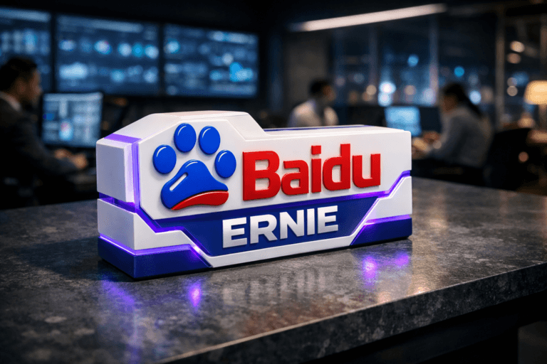 A photorealistic medium-wide cinematic shot, camera positioned approximately 1–2 meters from the subject, capturing a solid 3D Baidu ERNIE logo sculpture in glossy white and Baidu’s signature colors, modeled as an isometric block resting firmly on a matte gray soapstone conference table, the official Baidu ERNIE logo clearly visible on the front face within a realistic analytics war-room environment. The object integrates subtle electric-purple (#7B63FF) accent lines and edge lighting that hint at flowing data and AI intelligence without overpowering realism. Set in a dimly lit corporate data command center at night, with a wall of large screens in the background softly displaying blurred dashboards and metrics, glass walls revealing a distant tech cityscape with gentle neon reflections, and a few diverse professionals in business-casual attire collaborating at their workstations in the background and periphery, slightly out of focus. Lighting is low-key and practical, driven by monitor glow, desk lamps, and ceiling strips, complemented by a soft integrated white spotlight from above and slightly to the side of the logo sculpture, gently revealing the stone texture, polished logo surfaces, and subtle reflections. Cinematic photographic realism with a 35mm lens look, natural shallow-to-medium depth of field, premium materials, ultra-detailed, high dynamic range, 8K resolution, no captions, no text overlays, no watermarks.