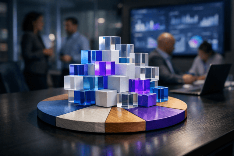 A photorealistic medium-wide cinematic shot, camera positioned approximately 1–2 meters from the subject, capturing a physical data sculpture as the hero object: colorful solid acrylic cubes in cool blues, neutrals, and subtle electric-purple (#7B63FF) accents, neatly stacked and interlocking into clean geometric structures, arranged on and just above a painted wooden pie chart centerpiece resting on a sleek dark office table, the wood grain and segment colors clearly readable, the cubes’ edges catching soft reflections to suggest intelligent data in motion. The object integrates subtle electric-purple accents indicating intelligence or activity without overpowering realism. Set in a modern tech-noir marketing analytics war room: dim corporate office, glass walls, large wall-mounted screens and laptops in the background softly glowing with out-of-focus dashboards and charts, a diverse group of professionals in business-casual attire collaborating around the room as secondary elements, candid and naturally posed, slightly blurred to keep focus on the data sculpture. Lighting is low-key and practical, coming from the screens, a distant window, and a soft integrated white spotlight from above and slightly to the side, gently revealing the form, translucency of the cubes, and the tactile texture of the wooden pie chart, with natural shallow-to-medium depth of field, 35mm cinematic look. Cinematic realism, neutral corporate palette with restrained neon purple accents, premium materials, ultra-detailed, 8K, no text, no captions, no watermarks.