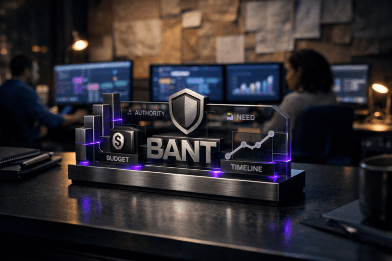 A photorealistic medium-wide cinematic shot, camera positioned approximately 1–2 meters from the subject, capturing a solid 3D isometric desktop sculpture of the BANT logo in brushed metal and smoked glass as the hero object, resting on a sleek dark workstation in a modern sales operations office, the BANT brand mark subtly etched and clearly readable on its front surface, surrounded by discrete UI-inspired detailing that hints at budget, authority, need, and timeline analytics, clearly readable within a realistic environment. The object integrates subtle electric-purple accents indicating intelligence or activity without overpowering realism. Set in a dimly lit enterprise sales war-room office at night, with a backdrop wall partially covered in large sheets of crumpled-then-flattened kraft paper pinned up as brainstorming boards behind the desk, multiple ultrawide monitors glowing with abstract CRM pipeline dashboards, and a few diverse sales professionals in business-casual attire working at their stations in soft focus, with natural human presence in the background or periphery. Lighting is low-key and practical from monitor glow, desk lamps, and a distant city window, complemented by a soft integrated white spotlight from above or the side, gently revealing form, texture, and depth. Cinematic realism, natural depth of field, premium materials, ultra-detailed, 8K, no captions, no text overlays, no watermarks.