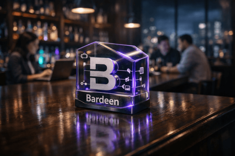 A photorealistic medium-wide cinematic shot, camera positioned approximately 1–2 meters from the subject, capturing a solid 3D isometric glass-and-metal desktop sculpture of the official Bardeen logo resting on a polished dark wooden bar counter, its logo clearly readable on the front face and sides, with small etched icons around it suggesting browser tabs, workflows, and automation nodes. The object integrates subtle electric-purple (#7B63FF) edge lighting and a faint internal glow along its contours indicating intelligence or activity without overpowering realism. Set in an upscale tech-noir cocktail bar at night, with the dark wood bar stretching into the background, cool cyan and purple neon reflections on bottles and glassware, a large window hinting at a moody city skyline, and a few diverse professionals in smart-casual attire working on laptops and discussing campaigns at nearby high stools, softly out of focus. Lighting is low-key and practical from bar pendant lamps, backlit shelves, and laptop screens, complemented by a soft integrated white spotlight from above and slightly to the side, gently revealing the logo sculpture’s form, reflections on the polished counter, and subtle bar textures and depth. Cinematic realism, 35mm–50mm lens look, natural shallow-to-medium depth of field, neutral corporate palette with restrained electric-purple accents, premium materials, ultra-detailed, 8K, no text overlays, no captions, no watermarks.