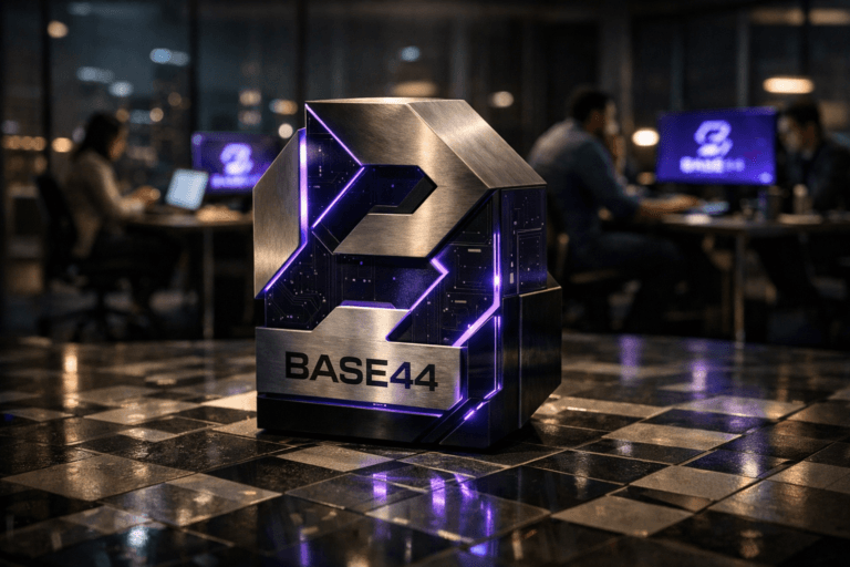 A photorealistic medium-wide cinematic shot, camera positioned approximately 1–2 meters from the subject, capturing a sleek 3D isometric Base44 logo sculpture in brushed metal and dark glass, standing solidly on a complex geometric mosaic floor, the official Base44 logo clearly visible on its front face and subtly echoed on nearby workstation screens within a modern corporate tech workspace, clearly readable within a realistic environment. The object integrates subtle electric-purple (#7B63FF) light traces along its edges and fine illuminated circuit-like details on its surfaces, indicating intelligence and AI activity without overpowering realism. Set in a dim, high-end open-plan office at night with floor-to-ceiling glass, distant city lights, and a few diverse professionals collaborating at laptops and large monitors in the background, the complex mosaic floor reflecting soft neon accents and screen glow, creating a grounded tech-noir atmosphere with neutral greys, deep shadows, and restrained purple accents, with natural human presence in the background or periphery. Lighting is low-key and practical, coming from monitor glow, desk lamps, and a soft integrated white spotlight from above that grazes the Base44 logo sculpture, gently revealing form, texture, and depth. Cinematic realism, natural shallow-to-medium depth of field, 35mm lens look, premium materials, ultra-detailed, 8K, no captions, no legible UI text, no watermarks.