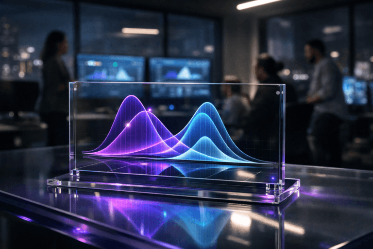 A photorealistic medium-wide cinematic shot, camera positioned approximately 1–2 meters from the subject, capturing a sleek transparent acrylic experiment control panel for Bayesian A/B testing resting on a translucent colored acrylic desk, its glass-like surface displaying intertwined 3D probability curves and smooth distributions in an elegant isometric chart with subtle electric-purple #7B63FF accents, clearly readable within a realistic environment. The object integrates subtle electric-purple accents indicating intelligence or activity without overpowering realism. Set in a dimly lit modern growth and analytics war room in a SaaS office at night, with a subtle tech-noir ambience: large windows revealing a soft-focus city skyline, cool neutral tones, restrained neon reflections of purple and cyan on acrylic surfaces, multiple ultra-wide monitors glowing in the background, and a small diverse group of professionals standing and seated around the room, candidly reviewing dashboards and discussing results, their faces and bodies softly out of focus at the periphery. Lighting is low-key and practical, coming from the computer screens, a few overhead linear LED fixtures, and faint city light spill, complemented by a soft integrated white spotlight from above and slightly to the side of the acrylic control panel, gently revealing form, texture, and depth on the translucent materials and the 3D curves. Cinematic realism, natural depth of field, premium materials, ultra-detailed, 8K, no text, no UI copy, no watermarks.