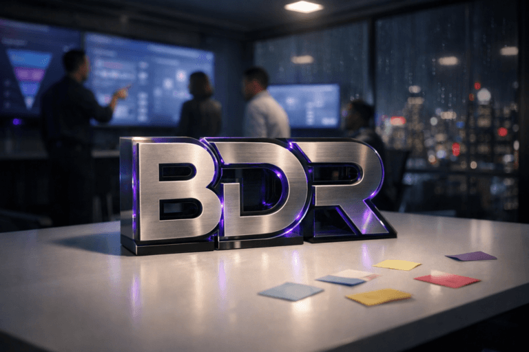 A photorealistic medium-wide cinematic shot, camera positioned approximately 1–2 meters from the subject, capturing a solid 3D isometric sculpture of the BDR brand logo in brushed aluminum and dark glass resting on a sleek white desk, the logo clearly readable and integrated with subtle electric-purple (#7B63FF) accents along its edges and internal reflections indicating intelligence and digital activity without overpowering realism, with a few softly blurred, colorful paper slips scattered across the white surface, reminiscent of fallen confetti from a previous workshop. Set in a modern corporate “war room” sales operations space at night, with glass walls, a distant city skyline under light rain, and multiple large wall-mounted screens showing abstract, unfocused analytics dashboards and funnel visualizations, while a small, diverse group of BDR professionals in business-casual attire stand and sit in the background discussing metrics and pointing at the screens, their presence natural and secondary to the hero object. Lighting is low-key and practical, coming from the glow of the screens, a couple of overhead office fixtures, and a soft integrated white spotlight from above and slightly to the side of the BDR logo, gently revealing form, texture, and depth on the logo sculpture and the desk surface, with subtle purple and blue Tech-Noir reflections throughout the room. Cinematic realism, 35mm lens look, natural shallow-to-medium depth of field isolating the BDR logo in crisp focus while the people and monitors fall into a tasteful blur, neutral corporate color palette with restrained neon accents, premium materials, ultra-detailed, 8K, no captions, no readable text on screens, no logos other than the BDR mark, no watermarks.