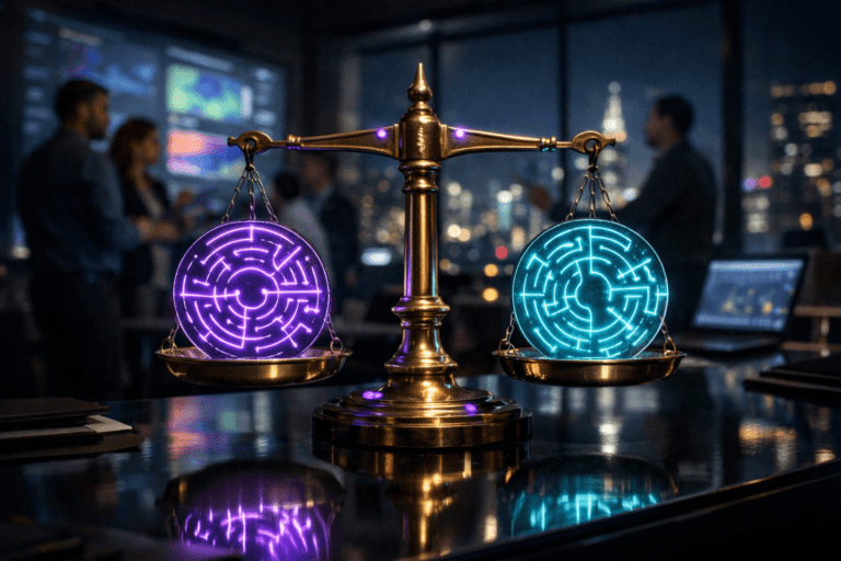 A photorealistic medium-wide cinematic shot, camera positioned approximately 1–2 meters from the subject, capturing an antique brass balance scale on a sleek dark glass desk as the hero object, each plate holding a circular translucent acrylic maze disk with ultra-fine embedded LED light trails tracing intricate paths, softly glowing in electric purple #7B63FF and cool cyan to symbolize behavioral analytics and patterns of user behavior, clearly readable within a realistic environment. The object integrates subtle electric-purple accents indicating intelligence or activity without overpowering realism, with gentle reflections on the polished brass and glass surfaces. Set in a dark, high-end corporate analytics war room at night, with floor-to-ceiling windows revealing a distant futuristic city skyline with sparse neon lights, multiple large wall-mounted dashboards and laptop screens displaying blurred graphs and heatmaps (no legible text), and a diverse group of realistic data, product, and security professionals in smart-casual attire collaborating and gesturing around the room in the background and periphery, slightly out of focus. Lighting is low-key and practical, driven by the cool ambient glow of monitors and city lights, complemented by a soft integrated white spotlight from above and slightly to the side that gently reveals the form, texture, and depth of the brass scale, acrylic mazes, and desktop, creating subtle contrasts and shadows. Shot with a 35mm–50mm cinematic lens look, natural shallow-to-medium depth of field isolating the balance scale and luminous mazes as the focal point, neutral corporate color palette with restrained neon purple accents, premium materials, crisp surface detail, ultra-detailed, 8K, cinematic realism, no captions, no on-screen text, no watermarks.