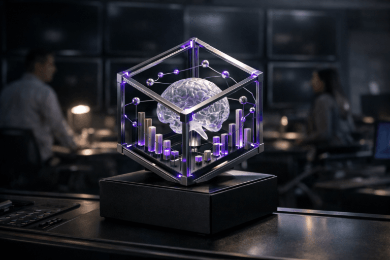 A photorealistic medium-wide cinematic shot, camera positioned approximately 1–2 meters from the subject, capturing a tangible desktop sculpture representing behavioral economics: a polished metal and glass isometric cube structure with embedded miniature bar charts and network nodes orbiting a stylized translucent human brain form at its center, resting on a matte black pedestal on a sleek control-room console, clearly readable within a realistic environment. The object integrates subtle electric-purple (#7B63FF) accents along its edges and data nodes, indicating intelligence or activity without overpowering realism. Set in a dimly lit, high-tech marketing analytics control room, with a wall of large switched-off monitors in the background, their dark glossy screens catching soft reflections, workstations and cables faintly visible, and a few diverse data analysts and marketers in business-casual attire moving naturally and slightly out of focus in the periphery. Lighting is low-key and practical, coming from desk lamps and faint screen glow, complemented by a soft integrated white spotlight from above and slightly to the side, gently revealing form, texture, and depth of the sculpture and console. Cinematic realism, natural depth of field, premium materials, subtle tech-noir palette with cool neutrals and restrained neon accents, ultra-detailed, 8K, no text, no captions, no watermarks.