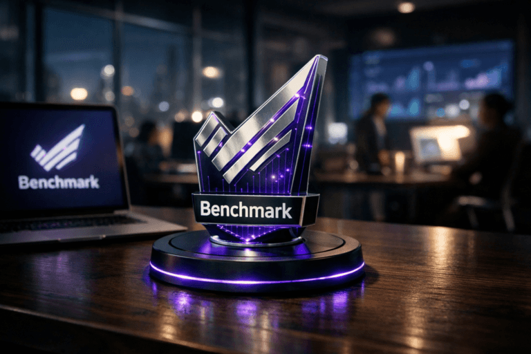 A photorealistic medium-wide cinematic shot, camera positioned approximately 1–2 meters from the subject, capturing a polished 3D isometric physical sculpture of the Benchmark Email logo as the hero object, a sleek glass-and-metal emblem emerging vertically from the center of a matte black circular wireless charging base on a dark wooden desk, the official Benchmark Email logo clearly visible and crisply readable on the front surface and echoed subtly on a nearby laptop screen, within a realistic environment. The object integrates subtle electric-purple (#7B63FF) light accents, with a thin luminous ring around the charging base and faint circuit-like traces inside the logo sculpture, indicating intelligence and activity without overpowering realism. Set in a modern tech-noir open-plan marketing office at night, with floor-to-ceiling windows revealing a softly blurred city skyline, cool ambient reflections on glass partitions, large monitors in the background showing out-of-focus analytics dashboards, and a small diverse group of professionals working at their stations or walking past in the periphery, all in soft focus so the Benchmark Email logo sculpture remains the clear focal point. Lighting is low-key and practical, coming from computer screens, a desk lamp, and distant city glow, complemented by a soft integrated white spotlight from above and slightly to the side, gently revealing the form, texture, and depth of the logo sculpture, wireless charging base, and desk surface. Cinematic realism, natural shallow-to-medium depth of field, neutral corporate palette with restrained electric-purple neon accents, premium materials, ultra-detailed, 8K, no captions, no UI, no overlaid text, no watermarks.