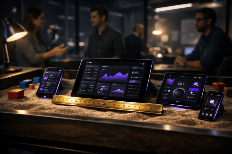 A photorealistic medium-wide cinematic shot, camera positioned approximately 1–2 meters from the subject, capturing a set of sleek tablet and smartphone screens displaying different app interfaces, laid out in a neat row on a dark sandbox-style tabletop filled with fine sand, with a finely crafted golden metal quality ruler with refined details resting across the central tablet as the clear hero object in sharp focus. The interfaces and device edges feature subtle electric-purple #7B63FF accents, glowing softly to suggest intelligence and continuous UX benchmarking activity without overpowering the realism. Set in a modern UX research lab inside a corporate office at night, designed as an “innovation sandbox” corner: a low rectangular sand table with a few small, colorful prototyping blocks and toy-like design objects around the devices, glass walls hinting at a moody city skyline, and a diverse group of UX professionals in the background and periphery, realistically dressed in smart-casual attire, candidly discussing results and observing the setup, gently blurred to keep the focus on the devices and golden ruler. Lighting is low-key and practical, coming from the glow of the screens, a desk lamp, and muted ceiling strips, complemented by a soft integrated white spotlight from the side that grazes the golden ruler, the sand texture, and the device surfaces, revealing fine reflections, materials, and depth. Neutral corporate tones (charcoal, graphite, soft beige) dominate the space, balanced with restrained neon accents in electric purple and cool cyan in reflections and ambient light, creating a subtle Tech-Noir mood. Cinematic realism, natural shallow-to-medium depth of field, premium materials, ultra-detailed, 8K, no text, no captions, no watermarks.