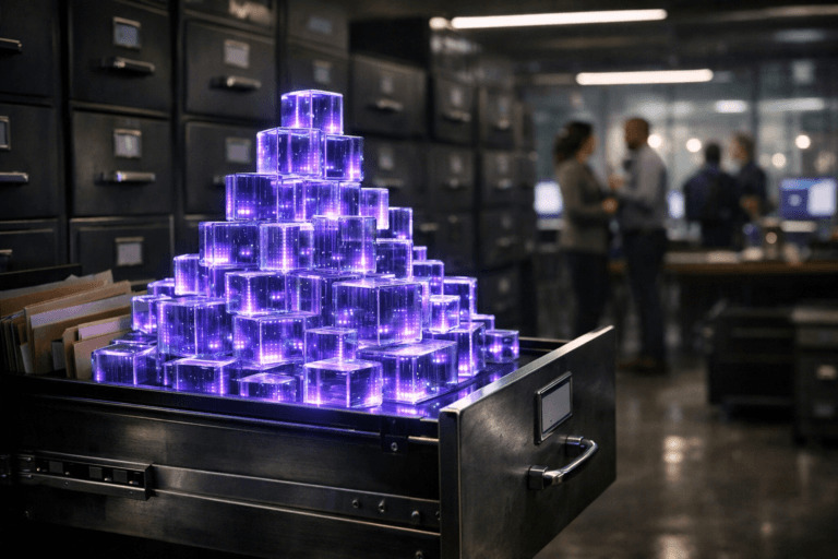 A photorealistic medium-wide cinematic shot, camera positioned approximately 1–2 meters from the subject, capturing a sculptural “mountain” of translucent glass data cubes emerging from an open steel filing cabinet drawer, each cube subtly glowing from within with refined electric-purple (#7B63FF) accents, clearly readable and sharply detailed as the hero object within a realistic environment. The object integrates subtle electric-purple highlights along cube edges and internal reflections, suggesting intelligent data flow and real-time analytics without overpowering the natural materials of glass and brushed metal. Set in a tech-noir corporate records room transformed into a hybrid archive-and-analytics space, with rows of steel filing cabinets receding into the background, some drawers slightly ajar with paper folders and visible but out-of-focus labels, and distant glass walls revealing a modern office area with soft computer screen glow and a hint of server racks. Natural human presence appears in the background: a small, diverse group of marketing and data professionals in business-casual attire, standing or walking near a workstation with laptops and monitors, softly out of focus, candid posture, neutral expressions, clearly secondary to the data-cube sculpture. Lighting is low-key and practical, mixing cool ambient light from overhead linear fixtures and monitor glow with a soft integrated white spotlight from above and slightly to the side of the open drawer, gently revealing the form, transparency, and reflections of the cubes and the texture of the steel cabinet, creating subtle shadows and depth. Cinematic realism, natural shallow-to-medium depth of field, 35mm–50mm lens look, neutral corporate tones with restrained neon purple accents, premium materials, ultra-detailed, 8K, no captions, no text overlays, no watermarks.