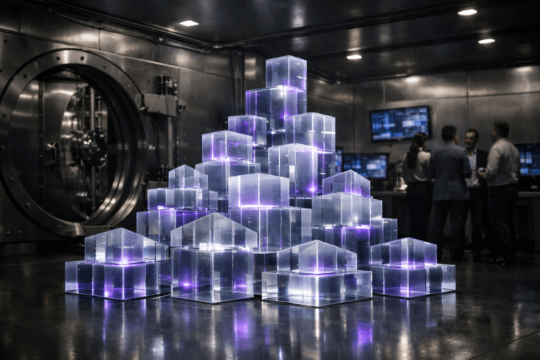 A photorealistic medium-wide cinematic shot, camera positioned approximately 1–2 meters from the subject, capturing a towering real-world installation of stacked translucent glass “data” cubes forming geometric mountains in the center of a high-security vault, each cube with softly glowing internal edges and premium, slightly frosted surfaces, clearly readable within a realistic environment. The object integrates subtle electric-purple #7B63FF accents along cube edges and internal reflections indicating intelligence and activity without overpowering realism. Set in the interior of a modern bank vault with thick brushed stainless steel walls, a massive circular vault door partially open in the background, polished concrete floor with soft reflections, integrated wall-mounted monitors displaying abstract, unfocused data visualizations and graphs, cable runs and discreet sensors suggesting advanced infrastructure, with a small, diverse group of marketing and data professionals in smart-casual attire standing and conferring near consoles at the periphery, realistically lit and slightly out of focus. Lighting is low-key and practical, coming from recessed ceiling fixtures, the glow of the cubes, and the cool light of the monitors, complemented by a soft integrated white spotlight from the upper side that gently reveals the form, texture, and depth of the cube mountains and the steel vault walls. Cinematic realism, 35mm lens look, natural depth of field, subtle tech-noir color palette with neutral grays, deep shadows and restrained neon purple accents, premium materials, ultra-detailed, 8K, no text, no captions, no watermarks.