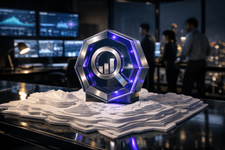 A photorealistic medium-wide cinematic shot, camera positioned approximately 1–2 meters from the subject, capturing a tangible 3D isometric sculpture of the official Google BigQuery logo in its recognizable blue hexagonal icon form, built from premium glass and brushed metal, clearly readable and resting on a meticulously crafted physical white topographic map model made of layered cut paper sheets spread across a dark glass desk in a modern office. The object integrates subtle electric-purple (#7B63FF) accents along its edges and as faint internal reflections, suggesting intelligent data flow and AI activity without overpowering realism. Set in a nighttime tech-noir corporate data war room, with floor-to-ceiling windows revealing a distant city skyline, multiple ultrawide monitors on the walls displaying abstract data visualizations and dashboards, and a small, diverse group of professionals in smart casual attire blurred in the background, collaborating and monitoring screens at standing desks. Lighting is low-key and practical, coming from the monitors, a desk lamp, and ambient city glow, complemented by a soft integrated white spotlight from above that gently sculpts the BigQuery logo sculpture and the paper topographic layers, revealing fine texture, depth, and shadows. Cinematic realism, 35mm photographic look, natural depth of field with the hero object in crisp focus and background softly blurred, neutral corporate color palette with restrained blue and electric-purple neon accents, premium materials, ultra-detailed, 8K, no text overlays, no UI chrome, no watermarks.