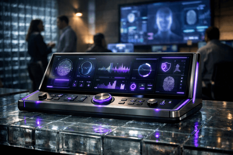 A photorealistic medium-wide cinematic shot, camera positioned approximately 1–2 meters from the subject, capturing a sleek physical executive command dashboard panel, like a compact glass-and-metal control console resting on a translucent glass-brick desk surface, featuring a large edge-to-edge touch display with multiple softly glowing biometric and security indicators, charts, and status lights without any legible text, clearly readable within a realistic environment. The object integrates subtle electric-purple (#7B63FF) accents along its edges and within key interface elements, suggesting intelligent real-time analysis and activity without overpowering realism. Set in a dimly lit corporate cyber-security operations center at night, with walls partially formed by backlit translucent glass bricks, additional workstations and large wall-mounted screens showing abstract identity-verification and fraud-detection visuals, and a few diverse professionals in business-casual attire collaborating and monitoring data in the background, naturally present yet slightly out of focus at the periphery of the frame. Lighting is low-key and practical, coming from the glow of the dashboard display, nearby monitors, and discrete ceiling fixtures, complemented by a soft integrated white spotlight from above and slightly to the side, gently revealing form, texture, and depth on the console, glass bricks, and surrounding surfaces while letting the background fall into moody shadow. Cinematic realism, natural shallow-to-medium depth of field, 35mm lens look, neutral corporate color palette with restrained neon electric-purple and cool blue accents, premium materials, ultra-detailed, 8K, no captions, no on-screen text, no watermarks.