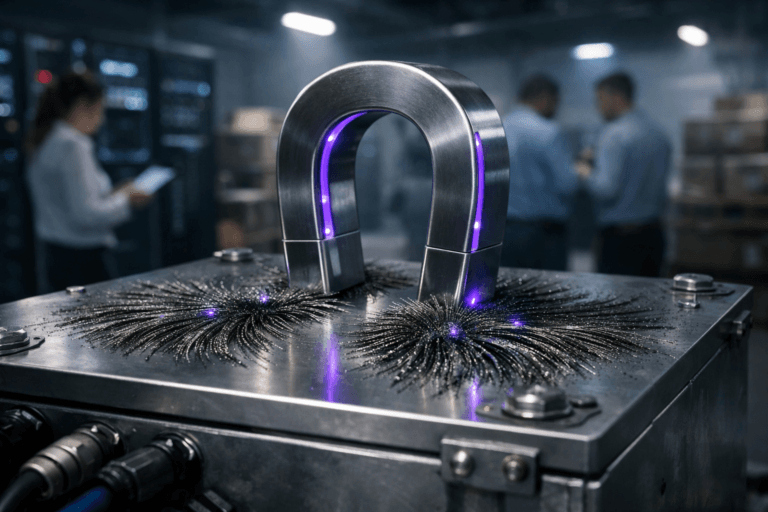 A photorealistic medium-wide cinematic shot, camera positioned approximately 1–2 meters from the subject, capturing a polished steel horseshoe magnet placed on top of an industrial gray electrical distribution box, its magnetic field visibly organizing fine iron filings into precise, flowing patterns across the metal surface, with subtle electric-purple #7B63FF LED-like accents running along the magnet’s inner edge and glowing softly at a few connection points among the filings, clearly readable within a realistic environment. The object integrates subtle electric-purple accents indicating intelligence or activity without overpowering realism. Set in a dimly lit tech-noir logistics control room inside a modern warehouse, with cool bluish ambient tones, neutral gray walls, server racks and wall-mounted control monitors casting soft reflections, pallets and stacked shipping crates hinted at in the distance, and a few diverse supply-chain professionals in business-casual attire moving and collaborating in the softly blurred background, occasionally checking tablets and control screens in the periphery. Lighting is low-key and practical, coming from overhead industrial fixtures and the cool glow of screens, complemented by a soft integrated white spotlight from above and slightly to the side, gently revealing form, texture, and depth on the magnet, iron filings, and electrical box. Cinematic realism, natural shallow-to-medium depth of field, 35mm lens look, premium materials, ultra-detailed, 8K, no text, no captions, no watermarks.