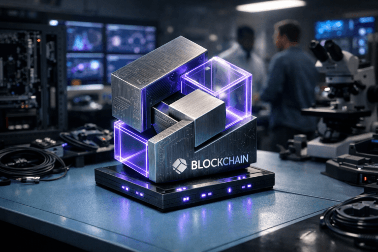 A photorealistic medium-wide cinematic shot, camera positioned approximately 1–2 meters from the subject, capturing a solid, desk-sized 3D isometric sculpture of the Blockchain brand logo, rendered as interlocking brushed-metal and glass blocks with fine etched circuitry, the official Blockchain logo subtly embossed and illuminated on the front face, resting on a light-blue anti-static hardware lab workbench, clearly readable within a realistic environment. The object integrates subtle electric-purple (#7B63FF) accents indicating intelligence or activity without overpowering realism, with faint pulsing light lines running through the translucent edges and small status LEDs along its base. Set in a modern fintech hardware lab at night with a light-blue anti-static electronics bench in the foreground, open computer chassis and server components nearby, neatly coiled cables, microscopes and tools along the edges, and a wall of softly glowing monitoring screens in the background visualizing abstract blockchain network metrics and performance dashboards, all bathed in a restrained tech-noir palette of neutral greys, cool blues and gentle electric-purple and teal reflections, with a small, diverse group of engineers and product managers in business-casual attire working in the background and periphery, slightly out of focus, interacting naturally with the equipment and screens. Lighting is low-key and practical, coming from overhead lab panels, computer monitors and hardware indicator lights, complemented by a soft integrated white spotlight from above and slightly to the side that gently reveals the logo sculpture’s form, texture and depth, casting crisp but controlled shadows across the anti-static mat. Cinematic realism, natural shallow-to-medium depth of field, premium materials, ultra-detailed, 8K, no captions, no text overlays, no watermarks.