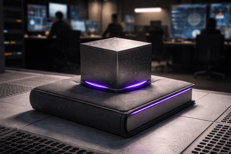 A photorealistic medium-wide cinematic shot, camera positioned approximately 1–2 meters from the subject, capturing a dense, hand-sized tungsten cube (≈10 cm edge) as the refined real-world hero object — heavy, slightly matte-polished metal with micro-etched abstract hash/timestamp pattern (non-readable, no text) and a recessed status ring of LEDs — visibly sinking a few centimeters into a plush, stylized ledger-shaped cushion (high-end memory-foam, book-like textile cover, subtle stitching) so the cube and cushion together read as a physical "digital ledger" metaphor; the cube integrates subtle electric-purple accents (#7B63FF) in the LED ring and a thin seam on the cushion to indicate intelligence/activity without overpowering realism. Set in a realistic Tech‑Noir martech control room: white raised access floor with perforated cooling panels, low racks, dimmed operator consoles and glass partitions, dozens of muted monitors showing abstract dashboards and non-readable visual telemetry (no text). Natural human presence: diverse, professional operators in the background and periphery, candid postures, neutral expressions, intentionally out of focus to keep the cube dominant. Lighting is low-key and practical — desk lamps, monitor glow, subtle rack LEDs — complemented by a soft integrated white spotlight from above/side that sculpts form, texture and depth on the tungsten and cushion; subtle purple rim light accents the cube edges. Camera details: 35mm photographic look, medium-wide framing, eye-level to slight low angle, shallow-to-medium depth of field, natural bokeh, crisp foreground detail on metal and fabric. Color palette: neutral corporate greys, warm blacks and soft whites with restrained electric-purple highlights. Materials: premium metal finish, realistic textile, tiny surface microdetails, believable weight impression. Constraints: no captions, no text overlays, no logos, no watermarks, screens and etchings contain no legible text. Cinematic realism, natural depth of field, premium materials, ultra-detailed, 8K.