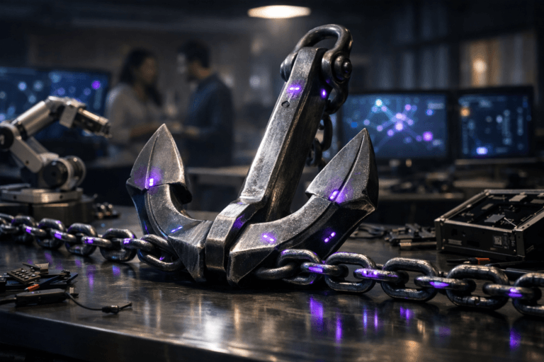 A photorealistic medium-wide cinematic shot, camera positioned approximately 1–2 meters from the subject, capturing a heavy steel ship anchor as the hero object, its flukes braced against a brushed-metal robotics workbench while a thick industrial chain runs taut across the table, finely machined details, realistic texture and subtle signs of use, clearly readable within a realistic environment. The object integrates subtle electric-purple (#7B63FF) accents indicating intelligence or activity without overpowering realism, with faint neon-purple reflections tracing along the chain links and tiny embedded LEDs on the anchor’s surface emitting a soft tech glow. Set in a late-night Tech-Noir robotics assembly lab inside a modern fintech innovation office, tools and electronic components scattered on the workbench, a compact robotic arm and open device casings nearby, computer monitors in the background displaying abstract data visualizations and network graphs suggestive of blockchain and AI workflows (no readable text), with a few diverse engineers in smart-casual attire working and conferring in soft focus in the background and periphery. Lighting is low-key and practical, coming from overhead task lamps, monitor glow and a distant window, complemented by a soft integrated white spotlight from above and slightly to the side that gently reveals the anchor’s metallic form, chain links, and table textures, casting realistic shadows and reflections across the workspace. Cinematic realism, natural depth of field, premium materials, ultra-detailed, 8K, no captions, no text overlays, no watermarks.