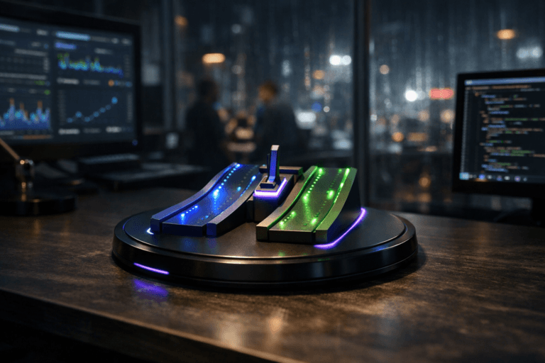 A photorealistic medium-wide cinematic shot, camera positioned approximately 1–2 meters from the subject, capturing a stylized physical desk sculpture representing Blue-Green Deployment: two parallel miniature highway-like lanes, one deep blue and one rich green, with tiny glowing indicators suggesting traffic flow and a small central “switch” element, all crafted in premium matte and glossy materials and mounted on a sleek circular black wireless charging pad resting on a modern workstation desk, clearly readable within a realistic environment. The object integrates subtle electric-purple (#7B63FF) accent light traces along the edges and switch element, indicating intelligence or activity without overpowering realism. Set in a dimly lit, tech-noir software operations office at night, with large wall-mounted dashboards and code-filled monitors in the background, glass walls revealing a rainy futuristic city skyline with soft neon reflections, and a few diverse engineers moving or collaborating in the periphery, softly out of focus. Lighting is low-key and practical, coming from monitor glow, desk lamps, and city lights, complemented by a soft integrated white spotlight from above and slightly to the side, gently revealing form, texture, and depth of the sculpture and wireless charging base. Cinematic realism, natural shallow-to-medium depth of field, 35–50mm lens look, neutral corporate color palette with restrained blue, green, and electric-purple neon accents, premium materials, ultra-detailed, 8K, no text, no captions, no watermarks.
