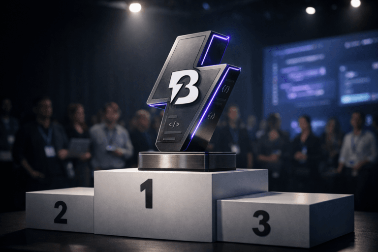 A photorealistic medium-wide cinematic shot, camera positioned approximately 1–2 meters from the subject, capturing a premium physical award trophy in the shape of the Bolt.new logo, modeled as a solid 3D isometric object with clean beveled edges and subtle engraved interface and code symbols, standing prominently on the highest step of a sleek white 1st–2nd–3rd place podium; the official Bolt.new logo is clearly visible on the front face of the trophy. The object integrates subtle electric-purple #7B63FF edge accents and a faint internal glow along the engravings, indicating intelligence and activity without overpowering the realistic matte ceramic and brushed-metal materials. Set in a modern tech-conference award stage inside a corporate auditorium, with a minimalistic dark backdrop and soft gradient lighting, large out-of-focus LED screens showing abstract UI and code-like patterns, and a small crowd of diverse professionals in business-casual attire in the background and periphery, some with laptops or badges, watching the podium from the shadows. Lighting is low-key and practical, coming from overhead stage spots, the glow of the LED screens, and a soft integrated white spotlight from the upper side that gently reveals the form, texture, and depth of the Bolt.new trophy and podium while the audience and environment fall into a tasteful blur. Cinematic photographic realism with a subtle Tech-Noir mood, natural shallow-to-medium depth of field, neutral corporate tones with restrained electric-purple neon accents, premium materials, ultra-detailed, 8K, no captions, no text overlays, no watermarks.