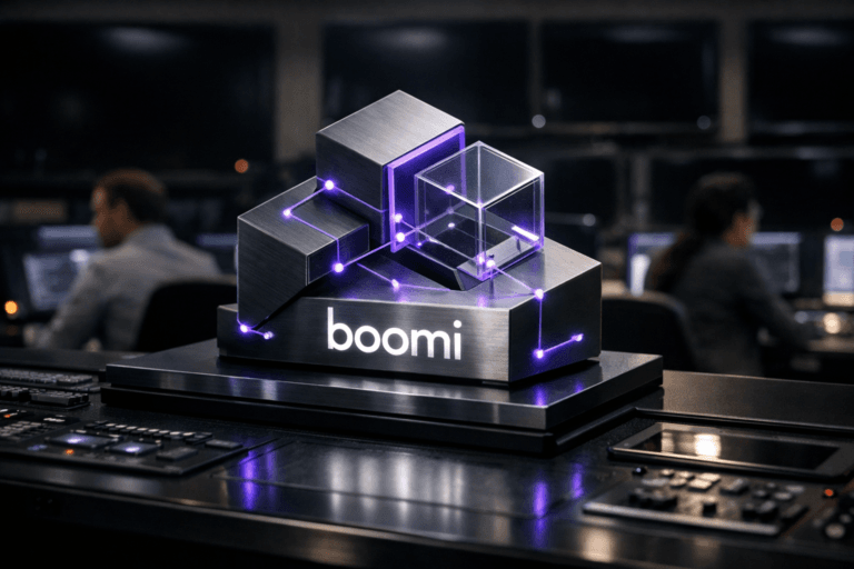 A photorealistic medium-wide cinematic shot, camera positioned approximately 1–2 meters from the subject, capturing a sleek 3D isometric Boomi logo sculpture in brushed metal and glass resting on a premium control-room console, the official Boomi logo clearly visible on the front surface, with subtle visual cues of data integration like thin illuminated connection lines and node-like details, clearly readable within a realistic environment. The object integrates subtle electric-purple (#7B63FF) accents along edges and data lines, suggesting intelligence and workflow activity without overpowering realism, balanced with neutral corporate tones of graphite, charcoal, and soft grays. Set in a dim, high-end tech-noir control room at night, with rows of large wall-mounted monitors in the background mostly powered off, displaying only deep, glossy dark reflections and a few tiny standby LEDs, cables and hardware details faintly visible, and a small number of diverse operators in modern business-casual attire working at their stations in the background and periphery, softly out of focus and secondary to the Boomi sculpture. Lighting is low-key and practical, coming from subtle ceiling strips, a few desk task-lamps and minimal ambient tech glow, complemented by a soft integrated white spotlight from above and slightly to the side, gently revealing the form, texture, and depth of the Boomi logo sculpture and console surface, with realistic reflections and shadows. Shot on a 35mm lens at shallow-to-medium depth of field for natural background blur, cinematic realism, premium materials, ultra-detailed, 8K, no captions, no extra text overlays, no watermarks.