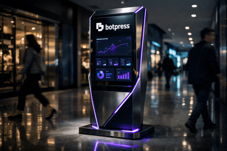 A photorealistic medium-wide cinematic shot, camera positioned approximately 1–2 meters from the subject, capturing a sleek floor‑standing 3D isometric‑inspired digital kiosk as the hero object, its structure subtly echoing the Botpress logo shape, with the official Botpress logo clearly visible on the upper part of a large vertical glass screen and an abstract campaign-control dashboard UI beneath it, all rendered with premium metallic and glass materials and clean geometric lines, clearly readable within a realistic environment. The object integrates subtle electric‑purple #7B63FF accents along its edges, interface highlights, and base lighting, indicating intelligence or activity without overpowering realism. Set in a glossy porcelain‑tiled shopping mall corridor at night with a Tech‑Noir mood, featuring softly blurred shoppers walking by, modern glass storefronts, and distant digital signage casting cool blue and teal ambient light, reflections shimmering on the polished floor, with natural human presence in the background and periphery. Lighting is low-key and practical, coming from ceiling fixtures and nearby storefronts, complemented by a soft integrated white spotlight from above and slightly to the side of the kiosk, gently revealing form, texture, and depth while leaving parts of the corridor in moody shadow. Cinematic realism, natural shallow-to-medium depth of field, neutral corporate color palette with restrained neon accents, ultra-detailed, 8K, no captions, no text overlays, no watermarks.