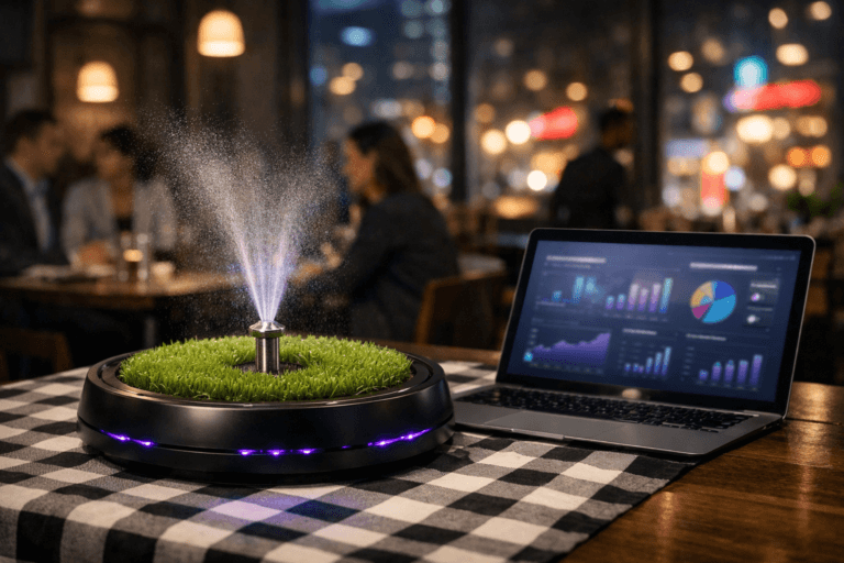 A photorealistic medium-wide cinematic shot, camera positioned approximately 1–2 meters from the subject, capturing a sleek tabletop irrigation system model—a matte-black circular base with a miniature lush green field surface and a polished steel sprinkler head gently spraying ultra-fine water mist upward—placed prominently on a wooden restaurant table covered with a black-and-white checkered tablecloth, clearly readable within a realistic environment; next to the model, a slim open laptop angled slightly toward the camera displays soft-focus brand-advocacy analytics dashboards and charts (no legible text), visually tying the metaphor of water distribution to the spread of customer voices and data-driven marketing. The object integrates subtle electric-purple (#7B63FF) accents indicating intelligence or activity without overpowering realism, with discreet purple status LEDs along the base and a faint electric-purple glow subtly catching in the arcing mist droplets. Set in a stylish, dimly lit urban restaurant at night, with large windows revealing blurred neon city lights and passing traffic outside, other tables populated by diverse professionals in business-casual attire conversing and collaborating in soft focus at the edges of the frame, and waitstaff moving naturally through the background, all contributing to a believable ambient buzz. Lighting is low-key and practical, coming from warm hanging pendant lamps, the cool laptop screen, and streetlight spill from the windows, complemented by a soft integrated white spotlight from above that gently isolates the irrigation model and laptop, revealing fine metal textures, individual water droplets, the fabric grain of the tablecloth, and subtle reflections on the tabletop. Cinematic realism, 35mm lens look, natural shallow-to-medium depth of field with smooth bokeh, premium materials, ultra-detailed, 8K, no text overlays, no captions, no watermarks.