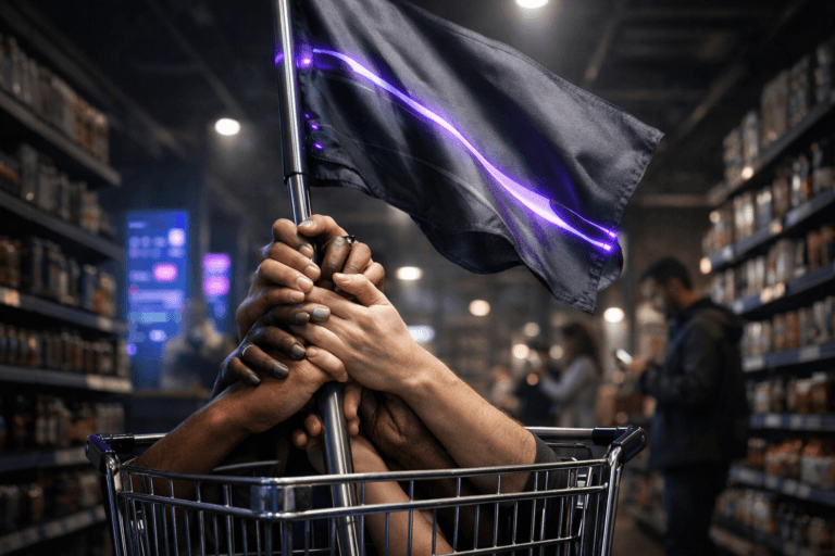 A photorealistic medium-wide cinematic shot, camera positioned approximately 1–2 meters from the subject, capturing a chrome wire shopping cart used as a pedestal as multiple diverse, realistic human hands intertwined around a sleek metal flagpole raise a slightly futuristic fabric flag with subtle electric-purple (#7B63FF) accents, the flag and hands clearly readable within a realistic environment. The object integrates subtle electric-purple accents indicating intelligence or activity without overpowering realism. Set in a dimly lit contemporary supermarket aisle at night that evokes ecommerce and retail, shelves neatly stocked on either side, with soft reflections from nearby digital displays showing abstract analytics and social feeds, and a few casually dressed professionals and shoppers in the background checking their phones or browsing products, slightly out of focus, providing natural human presence in the periphery. Lighting is low-key and practical from overhead aisle fixtures, phone screens, and distant digital signage, complemented by a soft integrated white spotlight from above and slightly to the side, gently revealing the textures of the hands, chrome cart, and fabric flag, creating depth and subtle Tech-Noir contrast with cool neutrals and restrained neon purple highlights. Cinematic realism, natural depth of field, premium materials, ultra-detailed, 8K, no captions, no text overlays, no watermarks.