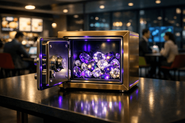 A photorealistic medium-wide cinematic shot, camera positioned approximately 1–2 meters from the subject, capturing a compact open golden safe resting on a sleek table in a modern corporate food court, its interior neatly filled with multifaceted gemstones and crystals that subtly glow and refract light to represent hidden brand value, the safe’s polished metal edges catching faint reflections of nearby digital dashboards and devices, clearly readable within a realistic environment. The object integrates subtle electric-purple (#7B63FF) accents indicating intelligence or activity without overpowering realism, with a faint electric-purple rim light along the safe’s edges and gentle purple highlights flickering within the gemstones. Set in a contemporary tech-driven office food court at night, with colorful yet refined seating, softly glowing menu screens and abstract analytics displays in the distance, glass walls revealing a moody cityscape, and a few diverse professionals in business-casual attire conversing or checking laptops at surrounding tables, slightly out of focus in the background or periphery. Lighting is low-key and practical, coming from overhead cafeteria fixtures, screen glow, and ambient city light, complemented by a soft integrated white spotlight from above and slightly to the side of the safe, gently revealing the metal texture, the facets of the gems, and subtle reflections on the tabletop while the background falls into a smooth bokeh. Cinematic realism, natural shallow-to-medium depth of field, 35mm lens look, premium materials, ultra-detailed, subtle tech-noir color grading with neutral corporate tones and restrained neon accents, no text overlays, no watermarks, 8K.