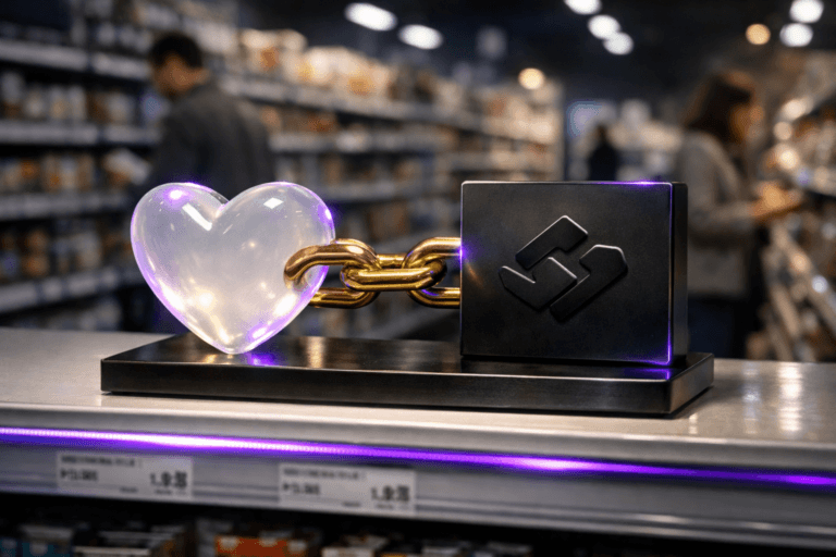 A photorealistic medium-wide cinematic shot, camera positioned approximately 1–2 meters from the subject, capturing a polished golden metal chain link physically connecting a softly glowing translucent glass heart-shaped object to a sleek matte-black metal plaque with a simple, abstract brand icon embossed into its surface, designed as a small sculptural display piece placed prominently on the front edge of a white supermarket gondola shelf, clearly readable within a realistic environment. The object integrates subtle electric-purple #7B63FF reflections along the golden link and the edges of the heart and plaque, indicating intelligence and data-driven connection without overpowering realism. Set in a contemporary supermarket aisle at night, with long white retail shelving, neatly arranged products receding into soft blur, realistic printed price labels on the shelf edge and subtle electric-purple LED accent lighting running along the shelf rail, suggesting a tech-driven, phygital retail environment, with a few diverse shoppers in business-casual clothing softly out of focus in the background browsing products. Lighting is low-key and practical, coming from overhead aisle fixtures and the cool glow of the shelf LEDs, complemented by a soft integrated white spotlight from the upper front left, gently revealing form, texture, and depth of the hero sculpture and shelf surface. Cinematic realism, natural depth of field, premium materials, ultra-detailed, 8K, no captions, no text overlays, no UI elements, no watermarks.