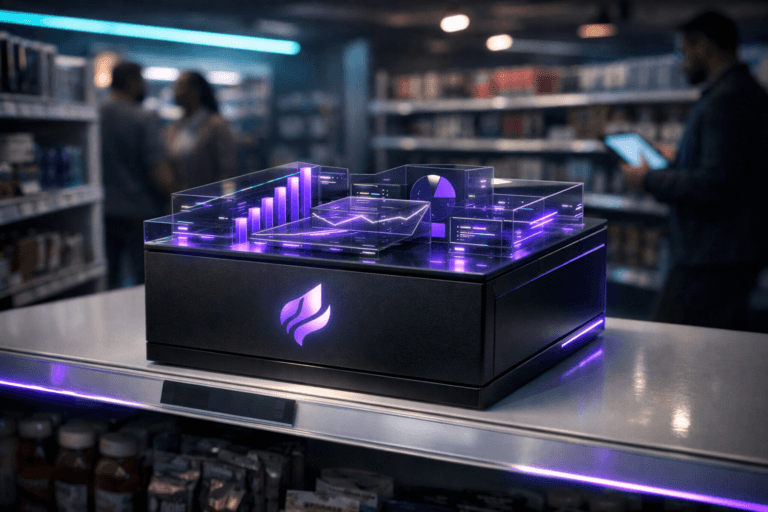 A photorealistic medium-wide cinematic shot, camera positioned approximately 1–2 meters from the subject, capturing a premium, physical 3D isometric sculptural device representing the “Branding” analytics platform as the hero object, like a matte black and glass block the size of a shoebox, its top surface formed by stacked isometric dashboard panels and graph elements, with the brand’s sleek abstract logo mark subtly engraved and softly backlit on the front face (symbol icon only, no readable text), clearly readable within a realistic environment. The object integrates subtle electric-purple (#7B63FF) accents indicating intelligence or activity without overpowering realism, with thin purple light traces running inside the layered glass dashboards and a faint edge glow along its contours. Set in a dimly lit, late-night supermarket aisle in a futuristic yet believable store, featuring a pristine white gondola shelf with a minimalist digital price tag beneath the device (no legible characters), surrounded by slightly blurred, generic products on neighboring shelves, cool cyan overhead strip lights and muted ambient store lighting mixing with restrained electric-purple neon reflections along the white shelf edges and polished floor, a couple of diverse shoppers and a marketing analyst holding a tablet passing in the background, softly motion-blurred and out of focus in the periphery. Lighting is low-key and practical, coming from the store’s ceiling fixtures, the tablet screen, and the digital shelf labels, complemented by a soft integrated white spotlight from above and slightly to the side of the hero device, gently revealing form, texture, and depth in the materials and emphasizing the logo mark. Shot on a 35mm cinematic lens, cinematic realism, natural shallow-to-medium depth of field isolating the hero object from the aisle, premium materials, ultra-detailed surfaces and reflections, 8K resolution, no captions, no visible text, no watermarks.