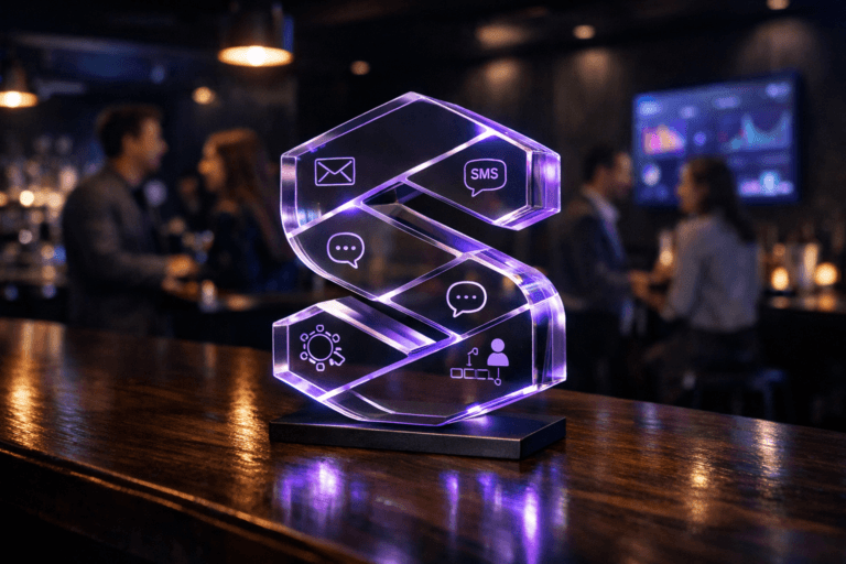 A photorealistic medium-wide cinematic shot, camera positioned approximately 1–2 meters from the subject, capturing a solid desk-sized 3D acrylic sculpture of the official Brevo logo in clean isometric form, edges softly illuminated with subtle electric-purple #7B63FF accents and tiny etched icons representing email, SMS, WhatsApp, chat, CRM, and automation along its surfaces, resting naturally on a polished dark wooden bar counter, clearly readable within a realistic environment. The object integrates subtle electric-purple accents indicating intelligence or activity without overpowering realism. Set in a contemporary tech-noir cocktail bar with a long dark-wood counter, matte black walls, cool blue and purple neon reflections, and a few softly glowing wall screens showing abstract analytics dashboards, with diverse professionals in smart-casual attire conversing in the background and at nearby tables, slightly out of focus. Lighting is low-key and practical from pendant bar lamps and ambient signage, complemented by a soft integrated white spotlight from above and slightly to the side of the Brevo logo sculpture, gently revealing form, texture, and depth. Cinematic realism, natural depth of field, premium materials, ultra-detailed, 8K, no captions, no text overlays, no watermarks.