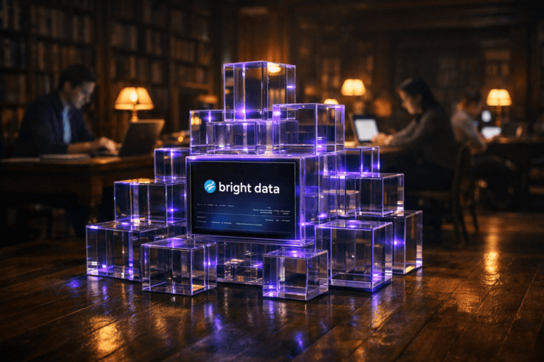 A photorealistic medium-wide cinematic shot, camera positioned approximately 1–2 meters from the subject, capturing a sculptural cluster of semi-transparent glass data cubes of varying sizes, neatly arranged into a geometric structure on a polished wooden floor, the central front-facing cube featuring a sleek embedded display with the Bright Data logo clearly visible and subtle, textless interface-style light patterns suggesting live SERP data, with refined electric-purple (#7B63FF) accents glowing softly along the cube edges and connections to indicate intelligence and real-time analysis without overpowering realism. The object is set on the floor of a vast old library with dark wooden parquet, towering bookcases receding into shadow, high ceilings, and warm vintage reading lamps, reimagined in a Tech-Noir mood with a gentle mix of warm amber, cool teal, and faint neon reflections from the cubes. In the background and periphery, a small, diverse group of realistic marketing and data professionals in smart-casual attire work quietly at a long wooden table with open laptops and tablets, their faces and screens softly illuminated, slightly out of focus so they remain secondary to the data-cube structure. Lighting is low-key and practical, coming from the library lamps, device screens, and the cubes’ subtle purple glow, complemented by a soft integrated white spotlight from above and slightly to the side that gently reveals the form, transparency, and texture of the cubes and the wooden floor, creating natural shadows and depth. Cinematic photographic realism, natural shallow-to-medium depth of field, 35mm–50mm lens look, premium materials, ultra-detailed surfaces and reflections, restrained neon accents, no captions, no text overlays other than the Bright Data logo, no watermarks, 8K.