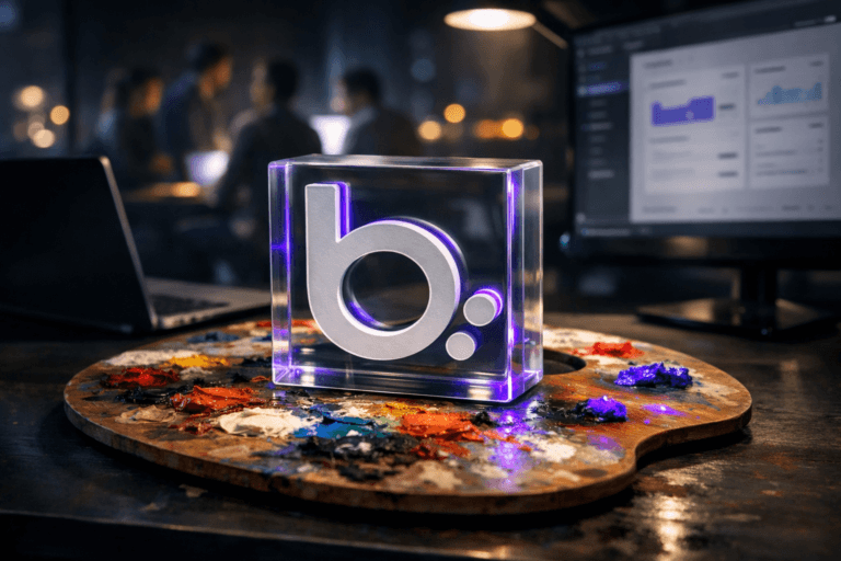 A photorealistic medium-wide cinematic shot, camera positioned approximately 1–2 meters from the subject, capturing a solid 3D isometric Bubble logo sculpture, rendered as a glossy acrylic block with the official Bubble logo cleanly embossed on its front face, resting naturally atop a well-used wooden artist’s palette smeared with thick, colorful oil paints, clearly readable within a realistic environment. The object integrates subtle electric-purple #7B63FF accents indicating intelligence or activity without overpowering realism, with a faint neon edge light tracing the contours of the Bubble logo and a few small reflective paint dabs picking up the same hue. Set in a dim, tech-driven creative studio at night, the paint-splattered palette sits on a dark matte desk alongside a slim laptop and an external monitor showing softly blurred Bubble web app interfaces and dashboards, while in the background a diverse group of professionals in casual-smart attire collaborates around other glowing screens, slightly out of focus, with hints of city lights and cool neon reflections filtering through a large window to reinforce a subtle Tech-Noir atmosphere. Lighting is low-key and practical, coming from monitor glow, a modern desk lamp and distant window light, complemented by a soft integrated white spotlight from above and slightly to the side, gently revealing the form, texture and depth of the Bubble logo sculpture, the oily paint textures and the wood grain of the palette. Cinematic realism, natural shallow-to-medium depth of field, 35mm lens look, neutral corporate color palette with restrained electric-purple accents, premium materials, ultra-detailed, 8K, no captions, no text overlays, no watermarks.