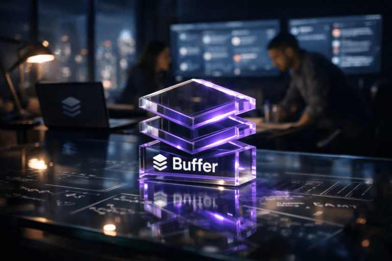 A photorealistic medium-wide cinematic shot, camera positioned approximately 1–2 meters from the subject, capturing a tangible 3D acrylic desk sculpture of the Buffer logo in clean isometric form, resting on a sleek glass tabletop covered with softly blurred white-marker mathematical formulas and content-planning grids, the official Buffer logo clearly visible on the front face and echoed subtly on a nearby laptop screen within a realistic environment. The object integrates subtle electric-purple accents indicating intelligence or activity without overpowering realism. Set in a Tech-Noir late-night startup social media war-room office, with floor-to-ceiling windows hinting at a futuristic city skyline, multiple large monitors showing defocused social media dashboards, and a small, diverse team of marketing and engineering professionals collaborating around the glass table in the background or periphery. Lighting is low-key and practical, coming from monitor glow, a desk lamp, and city lights, complemented by a soft integrated white spotlight from above or the side, gently revealing form, texture, and depth. Cinematic realism, natural depth of field, premium materials, ultra-detailed, 8K. No captions, no text overlays, no watermarks; any written formulas on the glass are abstract and not legible as real text.