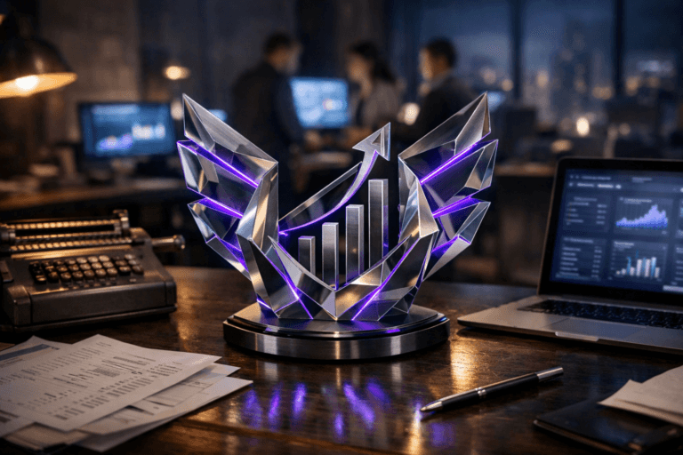 A photorealistic medium-wide cinematic shot, camera positioned approximately 1–2 meters from the subject, capturing a stylized yet realistic glass-and-brushed-metal tabletop sculpture symbolizing Business Angels — interlocking geometric wings encircling a rising financial graph, faceted with clean isometric-inspired angles — placed prominently at the center of a working accountant’s desk, next to a vintage mechanical calculator, scattered financial printouts, a sleek laptop showing blurred financial dashboards, and a metal pen. The object integrates subtle electric-purple (#7B63FF) accents running as thin illuminated lines through the sculpture’s edges and core, suggesting data, intelligence, and capital flows without overpowering realism. Set in a Tech-Noir late-evening startup finance office, a lived-in space with a long accounting table, other desks receding into the background, large windows hinting at a moody city skyline in soft focus, and multiple monitors casting cool bluish light. Natural human presence appears in the background and periphery as a small, diverse group of professionals in smart-casual attire, slightly out of focus, reviewing dashboards and discussing metrics around another desk. Lighting is low-key and practical, combining the glow of computer screens, a warm desk lamp, and a subtle overhead white spotlight from the side that gently reveals the sculpture’s form, glass reflections, metal textures, and the worn patina of the old calculator. Neutral corporate tones dominate (charcoal, slate gray, muted beige) with restrained electric-purple neon accents on screens and within the sculpture, cinematic realism, natural shallow-to-medium depth of field, premium materials, ultra-detailed, 8K, no text, no captions, no watermarks.