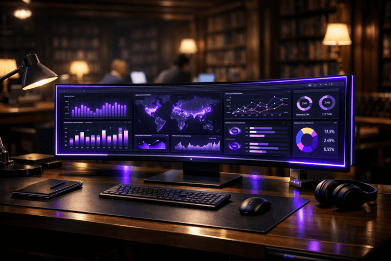 A photorealistic medium-wide cinematic shot, camera positioned approximately 1–2 meters from the subject, capturing a sleek, real-world executive business intelligence command-center dashboard for marketing and sales KPIs, displayed across a large curved ultra-wide glass monitor on a premium dark-metal and wood desk, its glowing graphs and indicator lights clearly readable within a realistic environment. The object integrates subtle electric-purple (#7B63FF) accents along screen edges, desk details, and indicator glows, suggesting intelligence and real-time analytics activity without overpowering realism. Set in a dimly lit, historic library with polished wooden floors and towering bookshelves fading into shadow, a hybrid Tech-Noir reading room where warm vintage lamps and the cool glow of digital screens coexist; a few diverse professionals in smart-casual attire work quietly at distant wooden tables in the background, slightly out of focus, absorbed in laptops and documents. Lighting is low-key and practical, coming from desk lamps, overhead library fixtures, and the monitor itself, complemented by a soft integrated white spotlight from above and slightly to the side, gently revealing form, texture, and depth on the monitor frame, desktop surfaces, and surrounding objects. Cinematic realism, natural shallow-to-medium depth of field, neutral corporate tones with restrained electric-purple neon accents, premium materials, ultra-detailed, 8K, no captions, no text overlays, no watermarks.