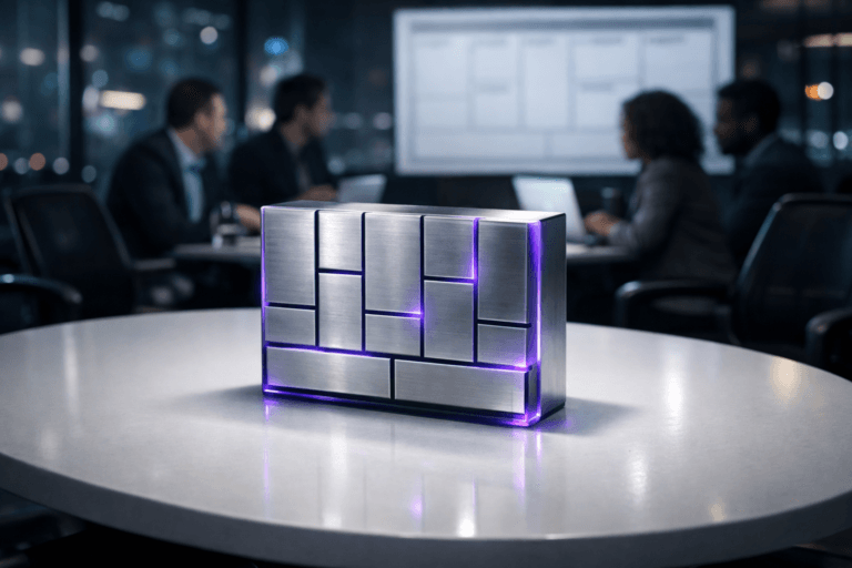 A photorealistic medium-wide cinematic shot, camera positioned approximately 1–2 meters from the subject, capturing a sleek 3D isometric Business Model Canvas logo sculpture as the hero object, rendered as a solid acrylic and brushed-metal piece with the official nine-block grid clearly visible on its front face, resting naturally at the center of a pristine white oval conference table. The sculpture has subtle electric-purple (#7B63FF) edge accents and a faint internal glow along a few grid lines, suggesting intelligent activity without looking sci‑fi or overpowering realism. Set in a contemporary glass-walled corporate conference room at night, with blurred ergonomic chairs around the table and a diverse group of professionals in soft focus in the background, collaborating around laptops and a large wall-mounted digital whiteboard that shows an out-of-focus Business Model Canvas layout with no readable text. Lighting is low-key and practical: cool ambient spill from city lights outside, soft reflections of distant neon on the glass, the gentle glow of laptop screens, and a soft integrated white spotlight from above that highlights the logo sculpture, revealing its form, reflections, and finely detailed texture on the table surface. Cinematic realism, natural shallow-to-medium depth of field keeping the hero object crisp and the people subtly defocused, neutral corporate palette with restrained electric-purple accents on reflections and UI elements, premium materials, ultra-detailed, 8K, no captions, no text overlays, no watermarks.