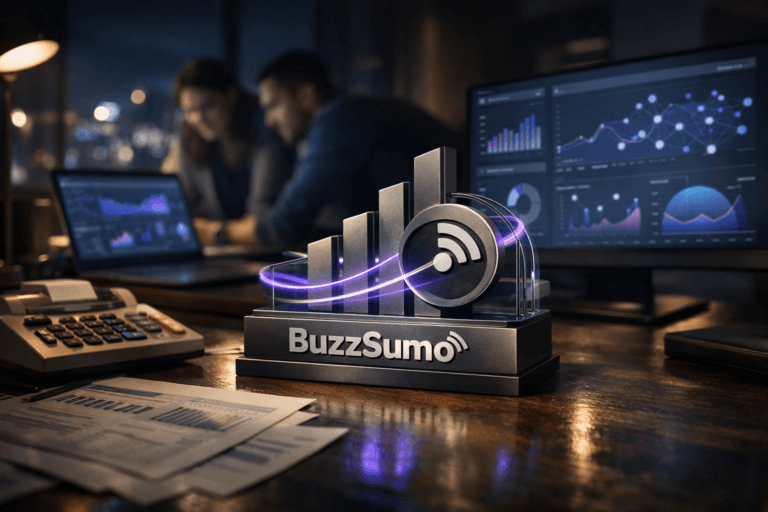 A photorealistic medium-wide cinematic shot, camera positioned approximately 1–2 meters from the subject, capturing the BuzzSumo logo as a refined 3D isometric desktop sculpture in matte metal and glass, the official BuzzSumo logo clearly visible on the front, with subtle electric-purple #7B63FF light lines suggesting flowing data and content signals, resting naturally on a slightly worn accountant’s desk beside an old mechanical calculator and scattered financial reports. The sculpture is complemented by a sleek laptop and an ultrawide monitor on the same desk, both displaying an abstract BuzzSumo analytics dashboard with charts, engagement graphs and influencer networks (no legible text), reinforcing the idea of a powerful content radar. Set in a real-world Tech-Noir environment: a dim, modern office at night with a city skyline of soft neon lights visible through a window in the background, cool neutral tones, brushed metal, dark wood and glass surfaces, and a diverse marketing professional in the background in soft focus, leaning over the desk and discussing data with a teammate, their faces lit gently by the glow of the screens. Lighting is low-key and practical, coming from the monitor, laptop screen and a small desk lamp, complemented by a soft integrated white spotlight from above and slightly to the side, gently revealing the BuzzSumo logo sculpture, calculator and desk textures with rich contrast and depth. Cinematic realism, natural shallow-to-medium depth of field isolating the BuzzSumo logo sculpture as the clear hero object, premium materials, ultra-detailed, 8K, no captions, no text overlays, no watermarks.