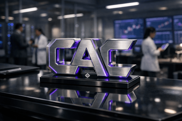 A photorealistic medium-wide cinematic shot, camera positioned approximately 1–2 meters from the subject, capturing a solid, real-world 3D isometric CAC logo as a premium desktop sculpture in brushed metal and glass, the letters CAC extruded and interlocked, standing firmly on a sleek black glass analytics desk, with the logo clearly readable and subtly illuminated, including a refined brand mark on its base. The object integrates subtle electric-purple (#7B63FF) accents along its edges and inner reflections, suggesting intelligent data flow and activity without overpowering realism. Set in a futuristic corporate clean room–style analytics operations lab, a sterile yet lived-in environment with glass walls, softly glowing server racks, and a distant wall of softly blurred financial dashboards, with a few diverse professionals in business attire and lab coats moving and collaborating in the background and periphery, working at workstations and tablets. Lighting is low-key and practical, coming from ceiling panels, monitors, and a few desk lamps, complemented by a soft integrated white spotlight from above and slightly to the side of the CAC sculpture, gently revealing its form, metallic texture, and polished reflections while allowing the rest of the room to fall into a moody Tech-Noir ambience with restrained neon and electric-purple accents. Cinematic realism, natural shallow-to-medium depth of field, neutral corporate color palette with subtle purple highlights, premium materials, ultra-detailed, 8K, no captions, no text overlays, no watermarks.