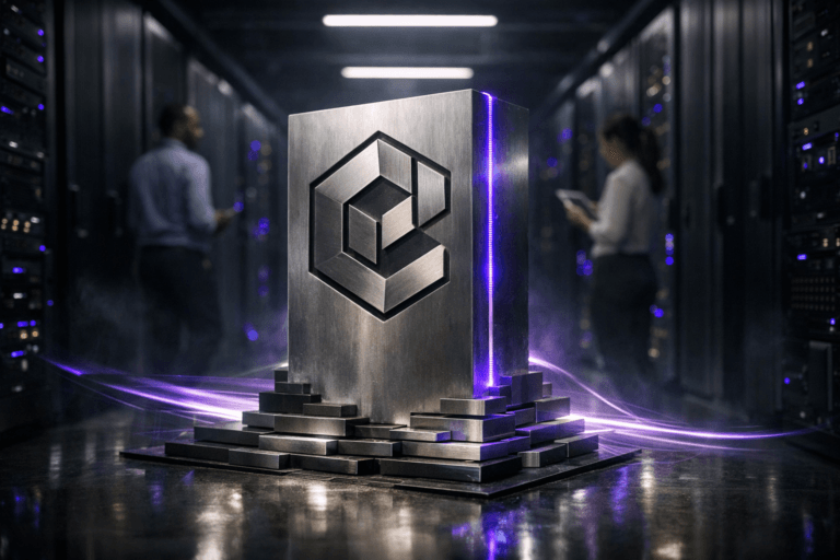 A photorealistic medium-wide cinematic shot, camera positioned approximately 1–2 meters from the subject, capturing a physical 3D isometric sculpture of the “Cacheamento” brand logo as the hero object, built as a solid glass-and-brushed-metal monolith rising from the data center floor, its isometric logo emblem cleanly embossed on the front face and clearly readable, subtly backlit with electric-purple (#7B63FF) edge lighting and surrounded by small layered metallic tiles and soft flowing light trails that hint at fast cached data pathways, all finished in premium, real-world industrial materials. The object integrates subtle electric-purple accents indicating intelligence or activity without overpowering realism. Set inside a cold, controlled data center corridor lined on both sides with tall matte-black server racks, dense with tiny blue and purple status LEDs and cable details, with a slightly reflective polished floor and faint atmospheric haze, creating a grounded Tech-Noir environment; a couple of diverse IT engineers in professional attire appear in the background and extreme periphery, walking or checking a tablet near the racks, softly out of focus so the Cacheamento logo monolith remains the dominant focal point. Lighting is low-key and practical, coming from overhead linear LED strips, the glow of server racks and the sculpture’s discreet backlighting, complemented by a soft integrated white spotlight from above and slightly to the side, gently revealing form, texture, and depth of the logo object and surrounding hardware. Cinematic realism, 35mm–50mm lens look, natural shallow-to-medium depth of field, neutral corporate color palette with restrained neon electric-purple accents, ultra-detailed, 8K, no captions, no UI, no text overlays, no watermarks.