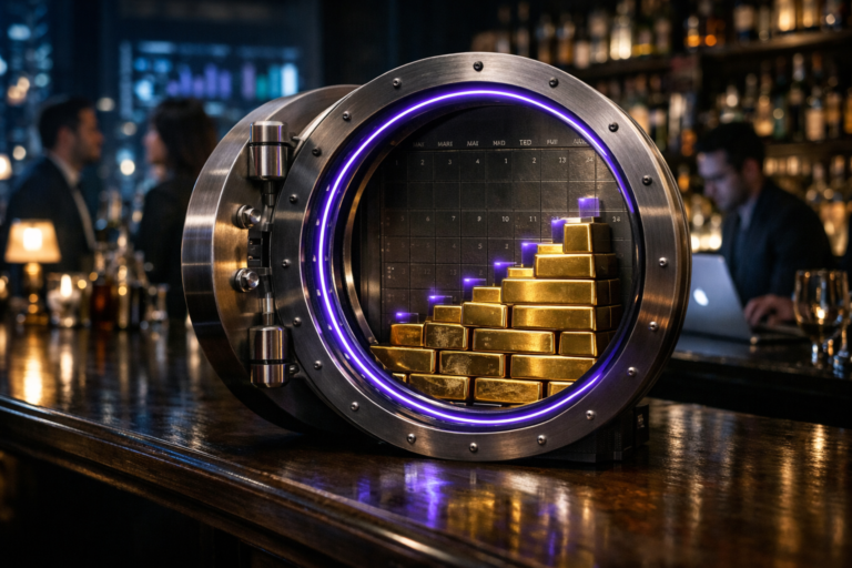 A photorealistic medium-wide cinematic shot, camera positioned approximately 1–2 meters from the subject, capturing a slightly open circular bank vault safe resting on a dark polished wooden bar counter, its heavy brushed-steel door revealing neatly stacked gold bars inside, some arranged in a subtle ascending stair pattern that hints at growing metrics and ROI, with a discreet engraved calendar-like grid texture on the vault door, clearly readable within a realistic environment. The object integrates subtle electric-purple #7B63FF accents indicating intelligence or activity without overpowering realism, such as a thin luminous ring along the inner rim of the vault opening and faint purple data-like reflections gliding over the gold bars. Set in a dimly lit upscale urban cocktail bar at night, with a long dark-wood counter, softly glowing glassware and liquor bottles catching cool neon reflections, blurred city lights and abstract screens in the background suggesting analytics dashboards, and a diverse group of young professionals in smart-casual attire conversing and working on open laptops and smartphones at the bar, all slightly out of focus to keep the vault as the clear hero object, with natural human presence in the background or periphery. Lighting is low-key and practical, coming from under-counter bar lights, small shaded lamps, and device screens, complemented by a soft integrated white spotlight from above and slightly to the side that gently reveals the metallic texture of the vault, the shine of the gold bars, and the rich grain of the dark wood, creating depth and subtle reflections. Cinematic realism, subtle Tech-Noir mood, natural shallow-to-medium depth of field, 35mm lens look, neutral corporate tones of charcoal, steel, and dark brown wood with restrained accents of electric purple #7B63FF and cool cyan, premium materials, ultra-detailed, 8K, no captions, no text overlays, no watermarks.