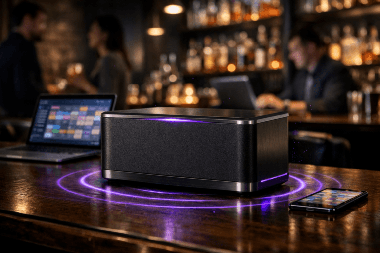 A photorealistic medium-wide cinematic shot, camera positioned approximately 1–2 meters from the subject, capturing a sleek black subwoofer-style wireless speaker as the hero object on a polished dark wooden bar counter, its brushed-metal edges and front grille sharply in focus, with subtle concentric electric-purple #7B63FF light ripples and floating dust motes in the air hinting at powerful, intelligent sound waves, and a slim laptop and smartphone just behind it showing a softly blurred, colorful social-media calendar dashboard with grid blocks and charts but no readable text, all clearly readable within a realistic environment. The object integrates subtle electric-purple accents indicating intelligence or activity without overpowering realism. Set in a dim, upscale tech-noir cocktail bar at night, with a long backlit bar, glass bottles glowing softly, and out-of-focus diverse professionals in smart-casual attire talking, checking their phones, and working on laptops in the background and at nearby stools. Lighting is low-key and practical, coming from bar backlights, small pendant lamps, and device screens, complemented by a soft integrated white spotlight from above and slightly to the side, gently revealing the speaker’s form, texture, and reflections on the polished wood while letting the background fall into a moody blur. Cinematic realism, natural shallow-to-medium depth of field with a 35mm–50mm look, premium materials, ultra-detailed, subtle neon reflections, 8K, no text overlays, no watermarks.