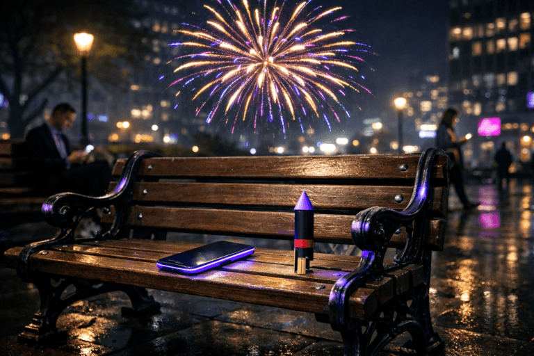 A photorealistic medium-wide cinematic shot, camera positioned approximately 1–2 meters from the subject, capturing a classic wooden and cast-iron park bench as the hero object, with a sleek modern smartphone resting on the bench and a small fireworks rocket standing beside it, the bench, phone, rocket, and a precise geometric burst of fireworks exploding in the sky at the top of the frame all clearly readable within a realistic environment. The object integrates subtle electric-purple (#7B63FF) accents indicating intelligence or activity without overpowering realism, visible as a soft neon edge light along the smartphone, faint purple highlights on the metal details of the bench, and thin electric-purple streaks woven into the multicolored fireworks trails. Set in a dimly lit urban park at night in a modern city square, Tech-Noir style, with damp stone pavement reflecting nearby office windows and distant digital billboards, soft neon glows in the background, and a few diverse professionals in business-casual clothing sitting and walking in the periphery, their faces gently illuminated by their phone screens. Lighting is low-key and practical, coming from sparse park lampposts, distant city signage, and the glow of the smartphone screen, complemented by a soft integrated white spotlight from the side that subtly models the bench, rocket, and phone, gently revealing form, texture, and depth while keeping the background moody and cinematic. Cinematic realism, natural shallow-to-medium depth of field, premium materials, ultra-detailed, 8K, no captions, no text overlays, no watermarks.
