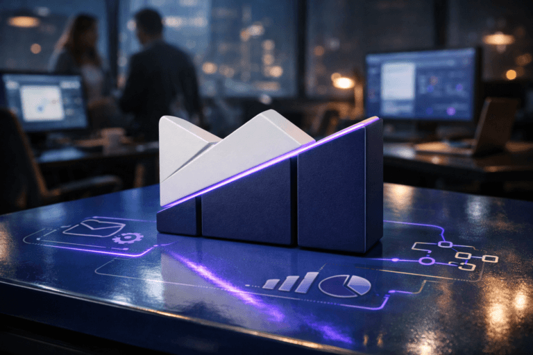 A photorealistic medium-wide cinematic shot, camera positioned approximately 1–2 meters from the subject, 35mm lens look, capturing a solid physical 3D sculpture of the official Campaign Monitor logo in matte white and deep navy, designed as a chunky isometric block object resting on a glossy cobalt-blue vitrified ceramic desk surface, with subtle engraved icons and lines around it hinting at email analytics, automation flows, and dashboard controls, clearly readable within a realistic environment. The object integrates subtle electric-purple #7B63FF accents indicating intelligence or activity without overpowering realism, gently glowing along the logo edges and tracing a few of the engraved lines on the ceramic surface. Set in a dimly lit contemporary marketing operations war room at night in a high-rise office, with large windows revealing a moody city skyline and multiple monitors and laptops on surrounding desks showing softly blurred email campaign dashboards and data visualizations, with natural human presence in the background or periphery as a diverse team of marketers in business-casual attire collaborate and review screens in soft focus. Lighting is low-key and practical, coming from monitor glow, a desk lamp, and distant city lights, complemented by a soft integrated white spotlight from above and slightly to the side, gently revealing form, texture, and depth on the Campaign Monitor logo sculpture and the glossy cobalt ceramic surface. Cinematic realism, natural depth of field, premium materials, ultra-detailed, 8K, no captions, no text overlays, no watermarks.